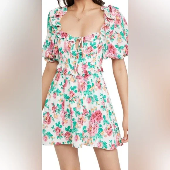 For Love & Lemons Loretta Mini Dress Floral Puff Sleeve Cutout M - Picture 6 of 10